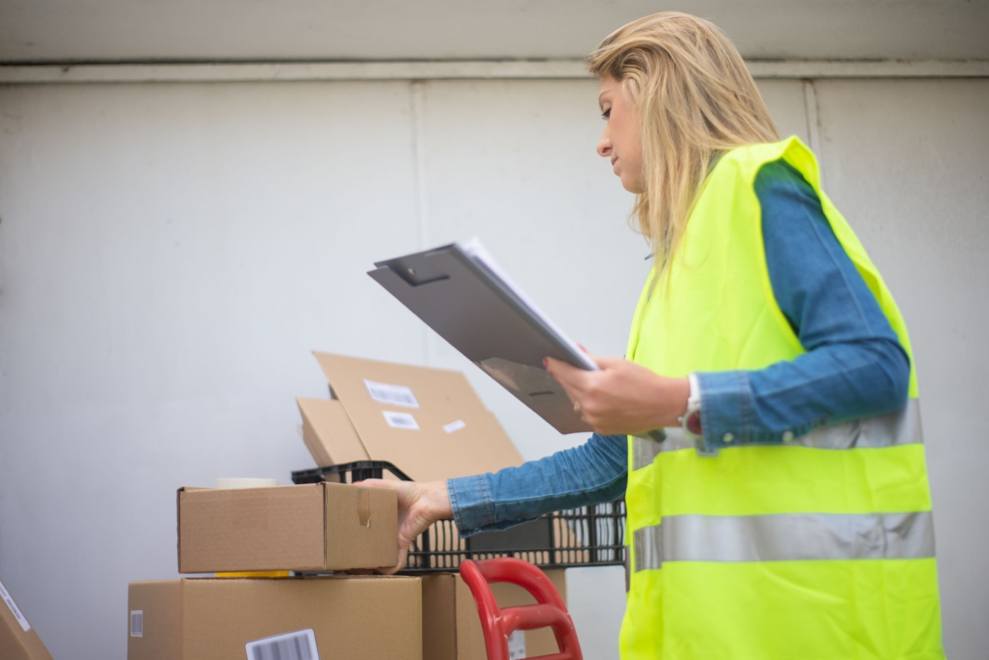 Warehouse staff reviewing incoming orders at a packing bench